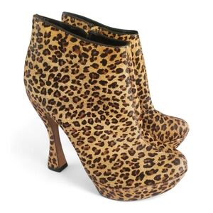 ALICE + OLIVIA Black Tan Calf Hair Leopard Print Heeled Platform Ankle Booties 6